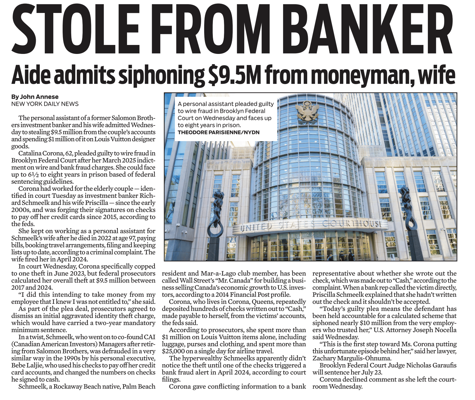 Headline: "STOLE FROM BANKER" with courthouse image.